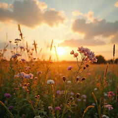 Golden Sunset Meadow: A breathtaking sunset paints the sky with warm hues, casting a golden glow over a vibrant meadow filled with wildflowers. A scene that evokes peace and harmony.