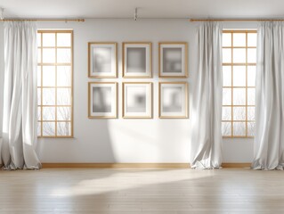 A white room with a wooden floor and white curtains. There are six pictures on the wall. The room is empty and has a lot of natural light
