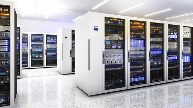 White storage and processing unit, large AI processing server room, data center storage and network processing room, SSD and hard disk drive storage, and processor cooling system,3D rendering