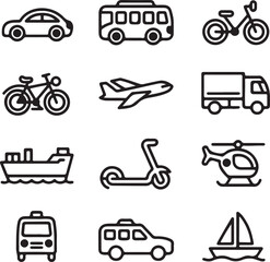 Collection of Transportation Icons in Black and White including Car Bus Bicycle Airplane Truck Ship Scooter Helicopter Taxi and Sailboat for Transportation Concepts
