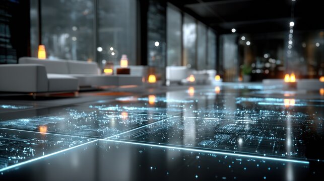 Modern interior with a holographic city map projected onto the floor