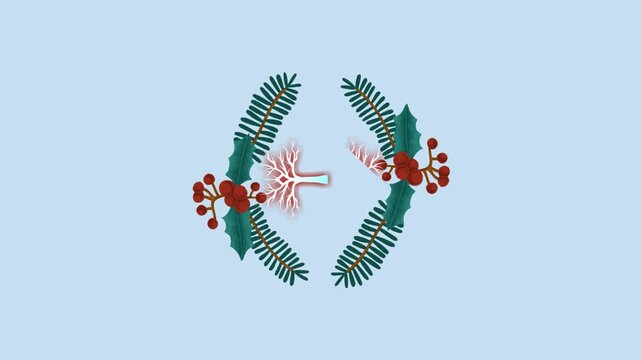draw pair of red flower decorate with joining many dry tree and circle in stylish oval shape on blue background
