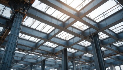Close up Geometric arrangement of industrial steel beams at a construction site