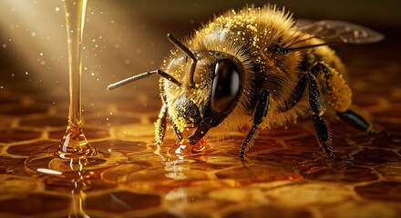 Close-up of a Honeybee Collecting Nectar on Honeycomb with Glowing Effect and Golden Light