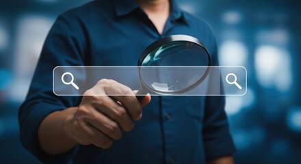 Person holding magnifying glass over search bar. Digital search and discovery concept. Modern tech interface with blue gradient background.