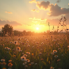 Golden Hour Meadow: Witness a breathtaking sunset illuminating a wildflower meadow, casting a warm glow over the delicate flora and serene landscape. 