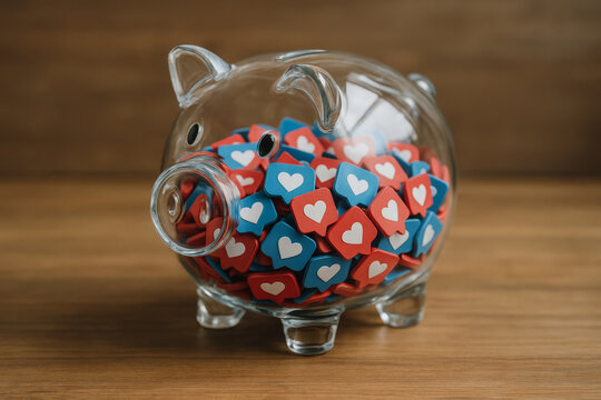 Glass piggy bank filled with red and blue social media like icons, symbolizing digital value, social capital, or online influence - Powered by Adobe