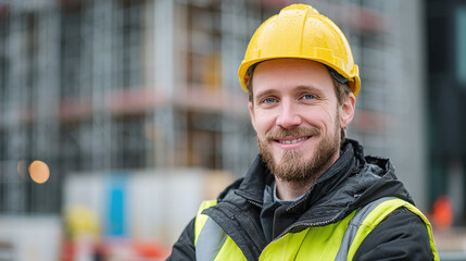 Fototapeta premium Smiling Construction Worker Portrait: A happy man in a yellow safety helmet and vest stands in front of a construction site on a potentially rainy day.
