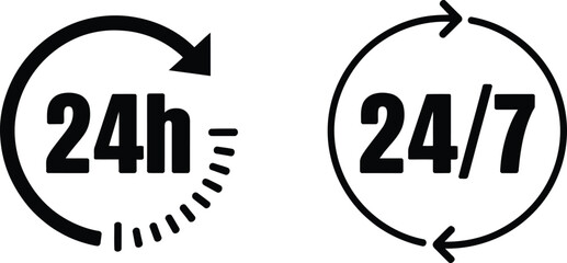 Service Hours Icon Set 24h Symbol with Speed Dashes & 24/7 Circular Arrow