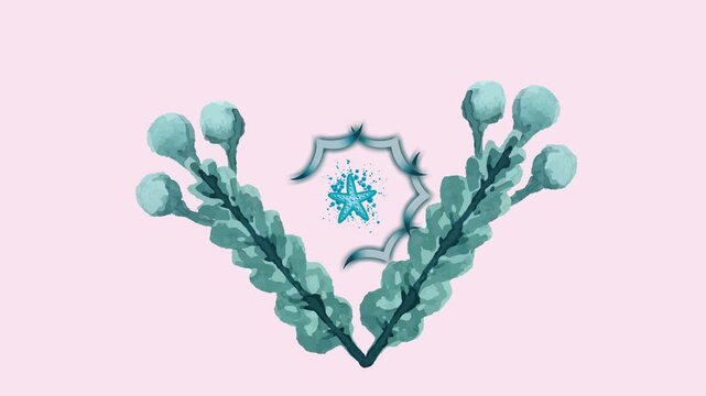 draw green flower decorate with joining pair of green bud, several colourful butterfly and star in triangular shape on pink screen background
