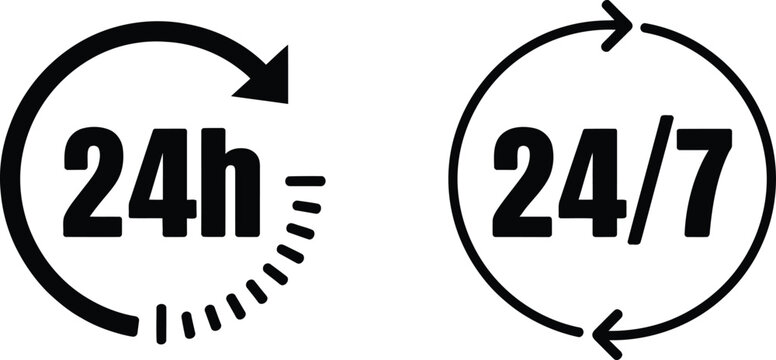 Service Hours Icon Set 24h Symbol with Speed Dashes & 24/7 Circular Arrow