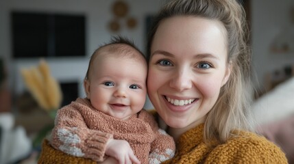 A Joyful Mother Holding Her Baby While Using a Smartphone at Home, Capturing a Moment of Connection and Love