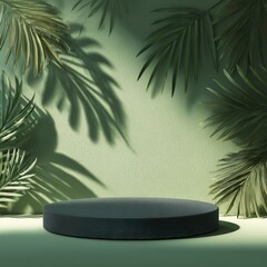 Obraz premium A light green background with the shadow of palm leaves on the wall, there is an empty dark round podium in front of it. The lighting is soft, with a light color palette. The scene.