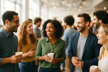 Defocused scene of Diverse group of young adults socializing with drinks at a casual indoor networking event, smiling and enjoying the atmosphere