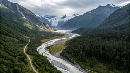 Majestic glacial valley with winding river and snow capped mountains under dramatic cloudy sky