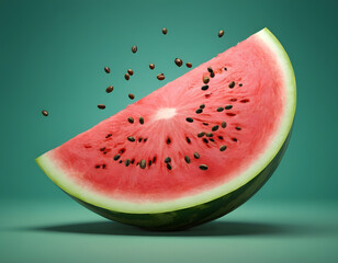 watermelon slices background, A 3D rendered image of a watermelon slice with seeds playfully floating around it.