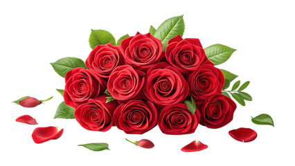 Stunning bouquet of vibrant red roses with green leaves and petals, perfect for romantic occasions
