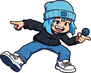Cool cartoon character in blue beanie, holding microphone, streetwear outfit, energetic pose, vibrant colors, urban style, kids illustration