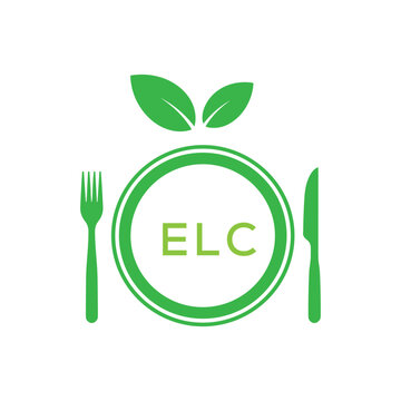 ELC Letter Logo. ELC Organic Food Logo with Plate, Fork, Knife, and Leaf Icon &ndash; Healthy Restaurant and Eco-Friendly Dining Design.
