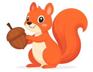 Cute cartoon squirrel holding an acorn isolated on transparent background