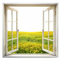 open window overlooking a field of yellow flowers and green grass isolated on white background PNG.AI.Generated.