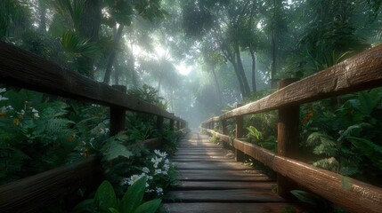 Serene Pathway: A tranquil wooden bridge gracefully extends into a lush forest, bathed in the soft, diffused glow of sunlight filtering through the dense canopy above.