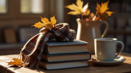 Autumn back to school vibe: a stack of books with a plaid scarf wrapped around them, a steaming mug, golden leaves, and a pair of glasses. Cozy atmosphere, soft sunlight, shallow depth of field.