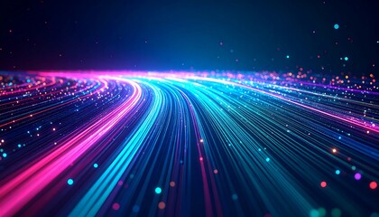 Abstract digital data stream flowing forward with vibrant neon pink and blue light trails and glowing particles