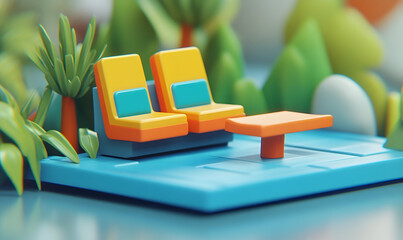 Miniature tropical scene with chairs and table bright playful cartoon style
