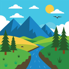 Fototapeta premium bright mountain valley with river, trees, and sunny sky illustration