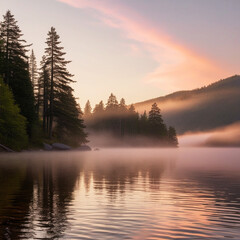 Fototapeta premium Peaceful Sunrise Over Misty Mountain Lake