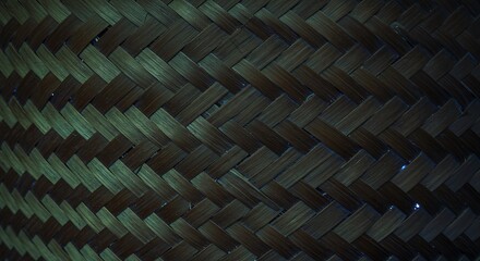 Close-up of Woven Dark Brown and Green Bamboo Mat with Subtle Lighting