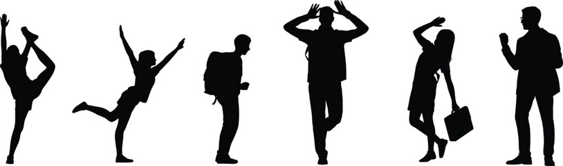 Expressive people silhouette set—six dynamic poses showing emotions, movement, and personality for lifestyle design, animation reference, or editorial branding
