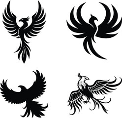 Obraz premium Black and white vector bird wings silhouette illustration set with flying eagle and dove feather designs, perfect for angel or hawk tattoo symbols