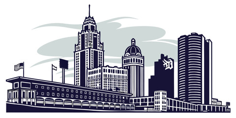 Renaissance Centre, Comerica Park - Detroit Downtown Skyline Vector