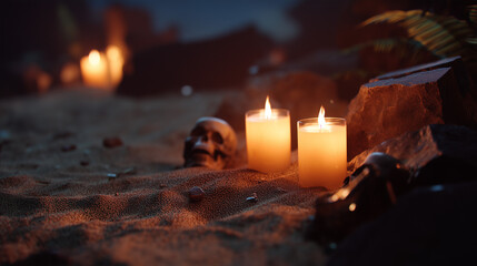 eerie candlelit skull on sandy beach at night 