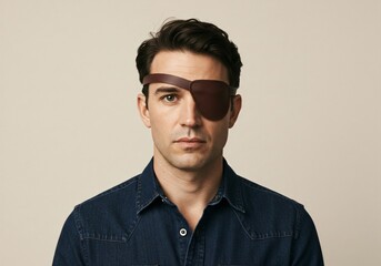 Obraz premium A man with a black eye patch looking forward, close up headshot. Serious person with an eye injury or medical condition.