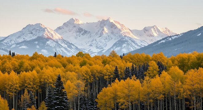 A winter scene featuring imposing snow-covered peaks towering over a dense forest of brilliant golden aspen trees, their leaves dusted with pristine white snow, under a soft morning light - Powered by Adobe