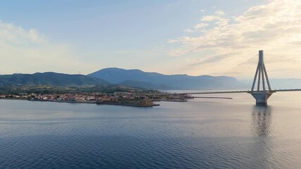 Greece Peloponnese Rio Antirio Bridge highway connection with the mainland aerial images