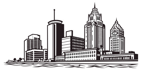 Vector Detroit Silhouette: Iconic Renaissance Centre, Comerica Park, Downtown
