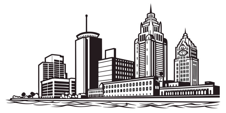 Vector Detroit Silhouette: Iconic Renaissance Centre, Comerica Park, Downtown