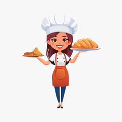 The Culinary Artist: A charming female chef, beaming with pride, showcases a delightful array of freshly baked goods, symbolizing the essence of culinary artistry.