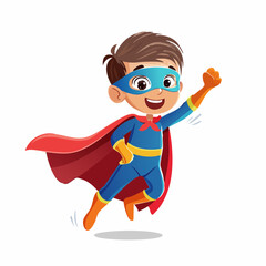 Superhero kid soaring high: A dynamic cartoon of a cheerful young superhero, clad in a vibrant costume with a cape.