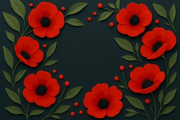 Elegant Red Poppy Flower Arrangement with Green Leaves on a Dark Background