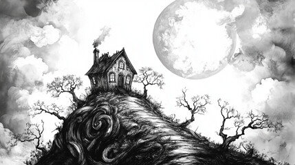 Haunted house on hill under full moon in black and white illustration