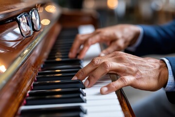 Obraz premium Musician plays piano with skillful hands in a cozy indoor setting during evening