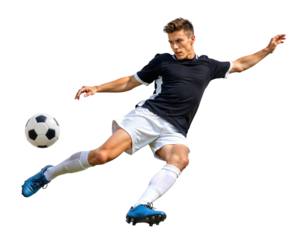 Male soccer player doing a strong forward volley shot on isolated background