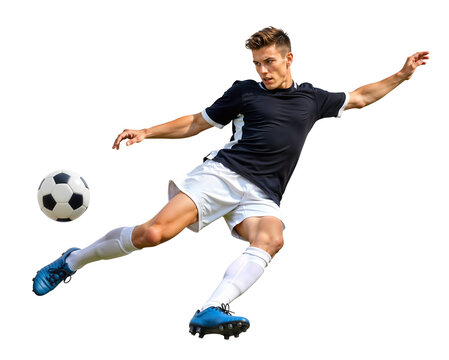 Male soccer player doing a strong forward volley shot on isolated background