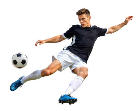 Male soccer player doing a strong forward volley shot on isolated background