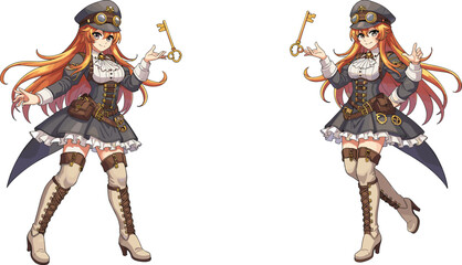 Steampunk Woman in Colorful Detailed Costume Holding Key, Fantasy Character Design with Goggles, Corset, Hat, Boots, Perfect for Creative Use